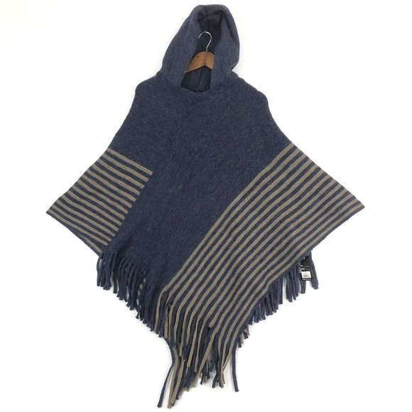 GM Fashion Sweaters - GM NWT Women's One Size Grey Blue Striped Hooded Fringe Trim Poncho Sweater